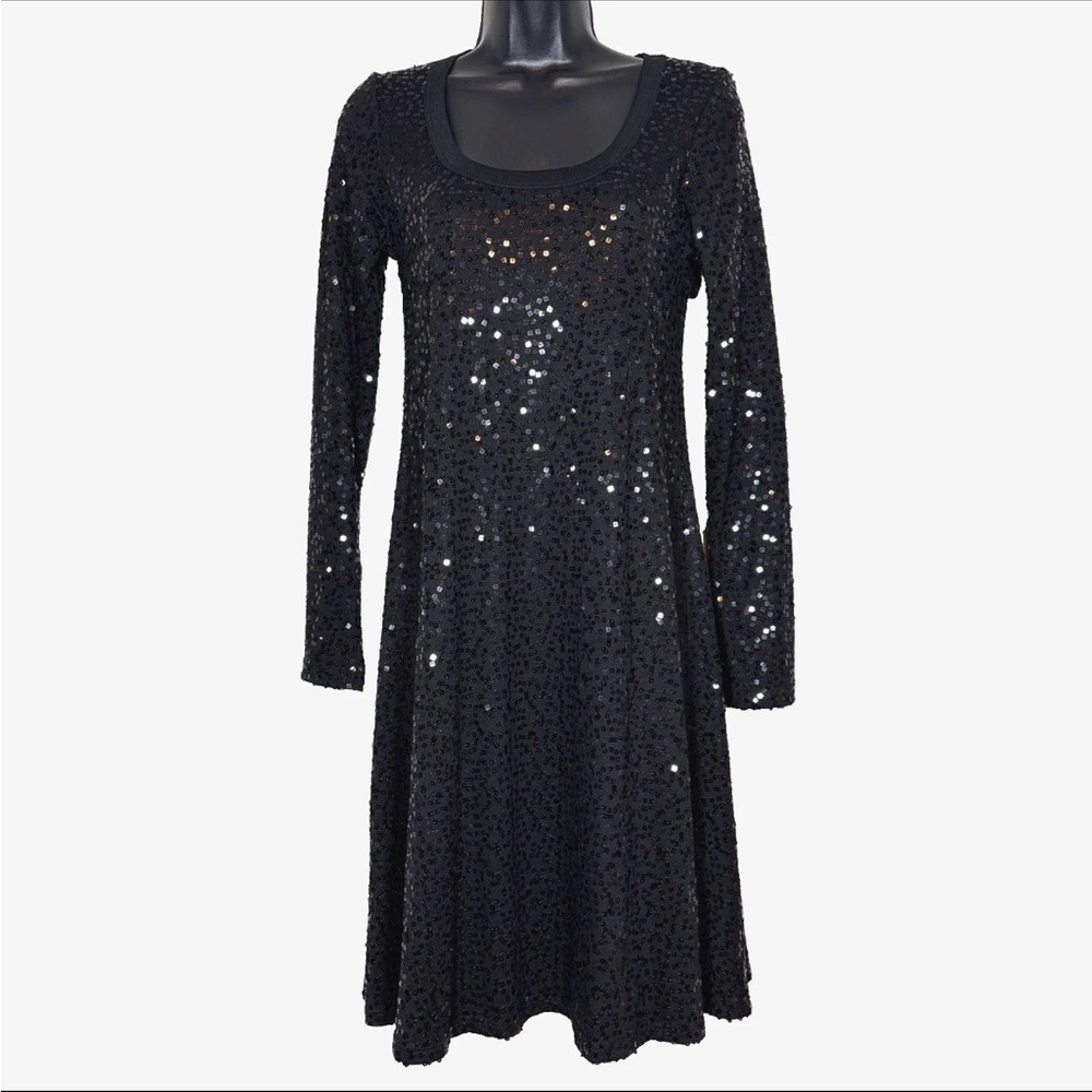 Karen Kane S Sequin A Line Samantha Dress Black knit sequins Sparkle holiday